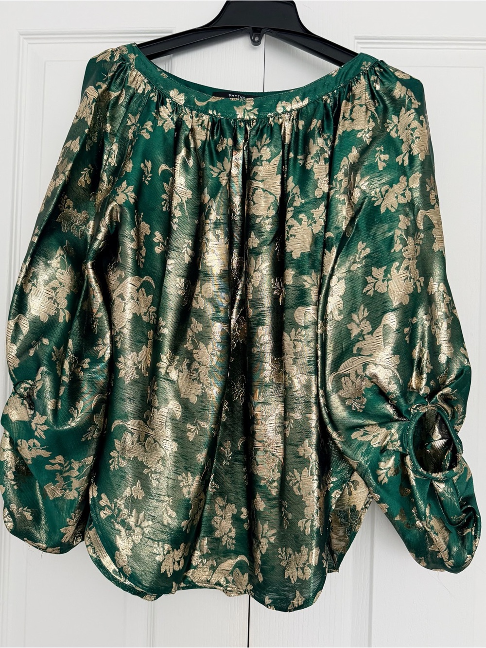 Smythe Metallic Emerald Green Floral Blouse